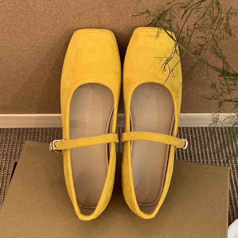 Inner Height Square Toe Shallow Mouth Shoes Women'S Spring New Retro Fairy Gentle Bean Shoes Women'S Flat Yellow Ladyshoes - Image 1